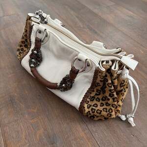 Beverly Feldman White Leather Leopard Print Handbag